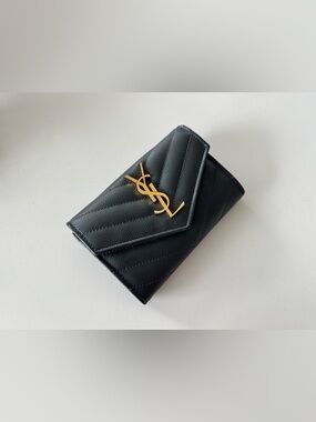 Saint Laurent Black Quilted Leather Envelope Wallet with Gold YSL Emblem
